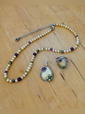 Sterling Carolyn Pollack Relios MOP Amethyst Peridot Necklace,Pendant & Ring Set
